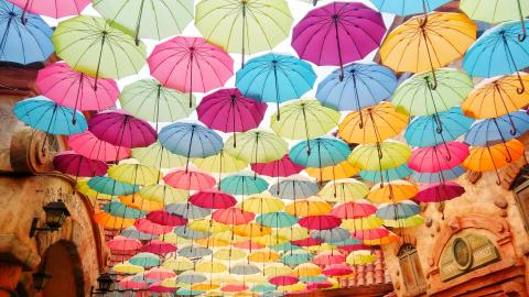 colourful umbrellas against the sky
